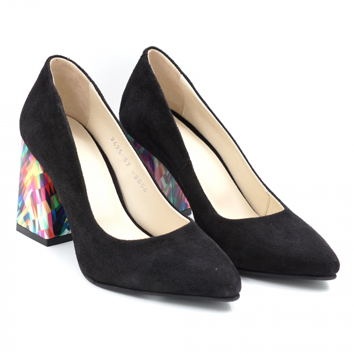 Pantofi dama din piele naturala intoarsa neagra si cu imprimeu colorat cu varf ascutit stileto si toc mediu gros imbracat 8 cm 8057-9-24 [4]