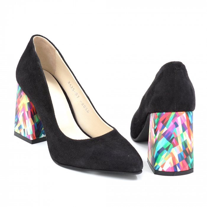 Pantofi dama din piele naturala intoarsa neagra si cu imprimeu colorat cu varf ascutit stileto si toc mediu gros imbracat 8 cm 8057-9-24 [5]