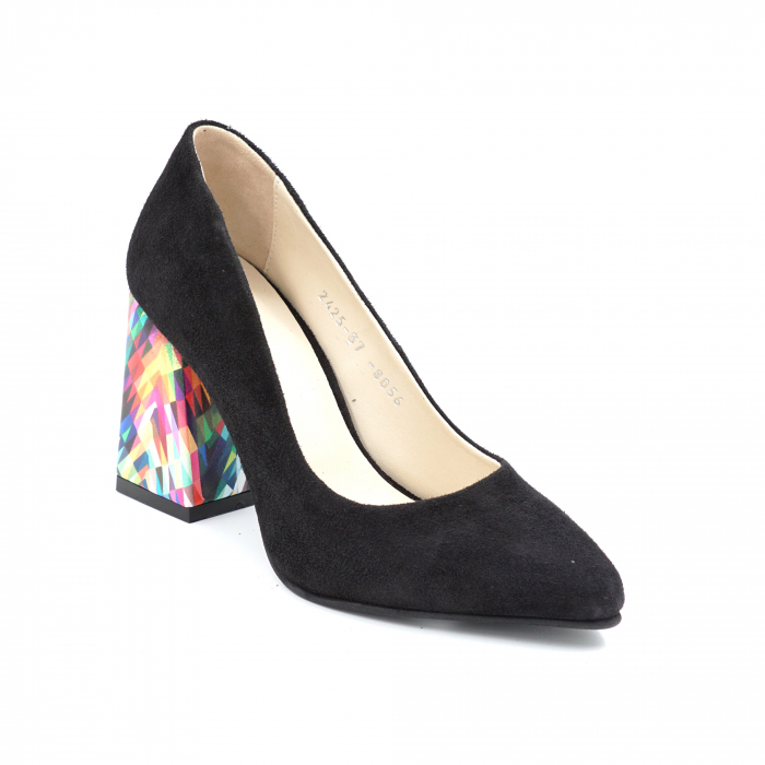 Pantofi dama din piele naturala intoarsa neagra si cu imprimeu colorat cu varf ascutit stileto si toc mediu gros imbracat 8 cm 8057-9-24 [2]