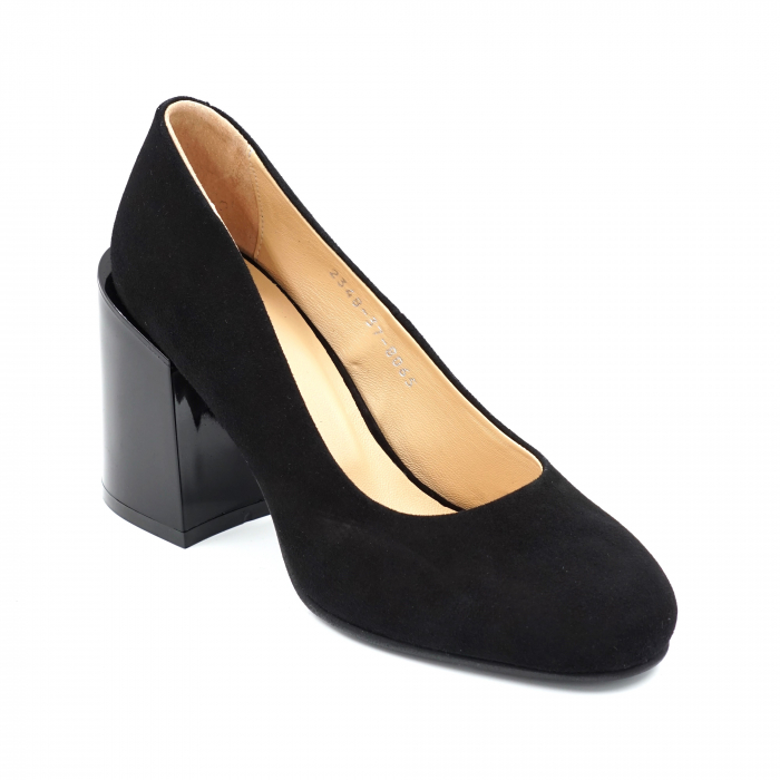 Pantofi dama din piele naturala intoarsa neagra cu varf rotund si toc mediu gros 8 cm 8065-1-24 [2]