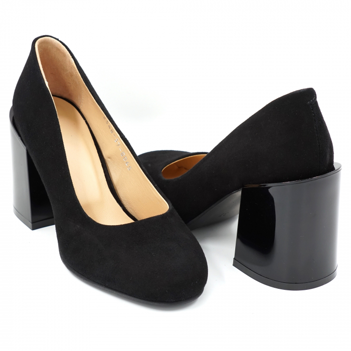 Pantofi dama din piele naturala intoarsa neagra cu varf rotund si toc mediu gros 8 cm 8065-1-24 [3]
