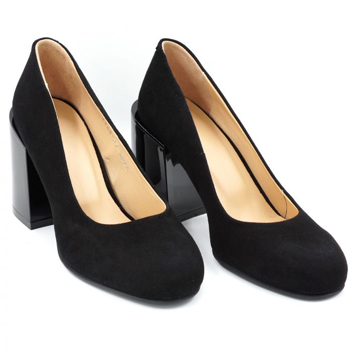 Pantofi dama din piele naturala intoarsa neagra cu varf rotund si toc mediu gros 8 cm 8065-1-24 [4]