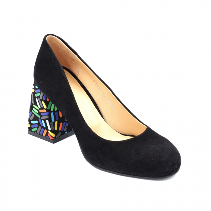 Pantofi dama din piele naturala intoarsa neagra si cu imprimeu multicolor cu varf rotund si toc mediu gros imbracat 8 cm 8065-2-24 [2]