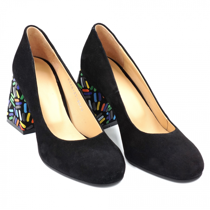 Pantofi dama din piele naturala intoarsa neagra si cu imprimeu multicolor cu varf rotund si toc mediu gros imbracat 8 cm 8065-2-24 [3]