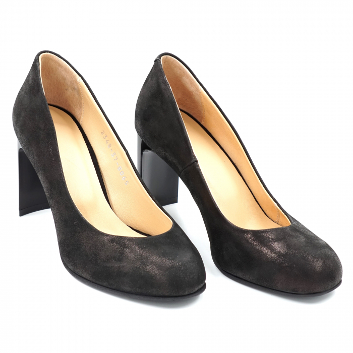 Pantofi dama din piele naturala neagra cu insertie aramie cu varf rotund si toc mediu gros tip bricheta 8 cm 8065-4-24 [3]