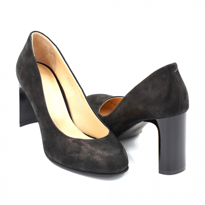 Pantofi dama din piele naturala neagra cu insertie aramie cu varf rotund si toc mediu gros tip bricheta 8 cm 8065-4-24 [4]
