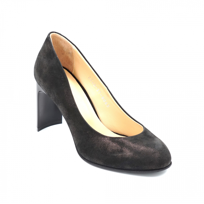 Pantofi dama din piele naturala neagra cu insertie aramie cu varf rotund si toc mediu gros tip bricheta 8 cm 8065-4-24 [2]