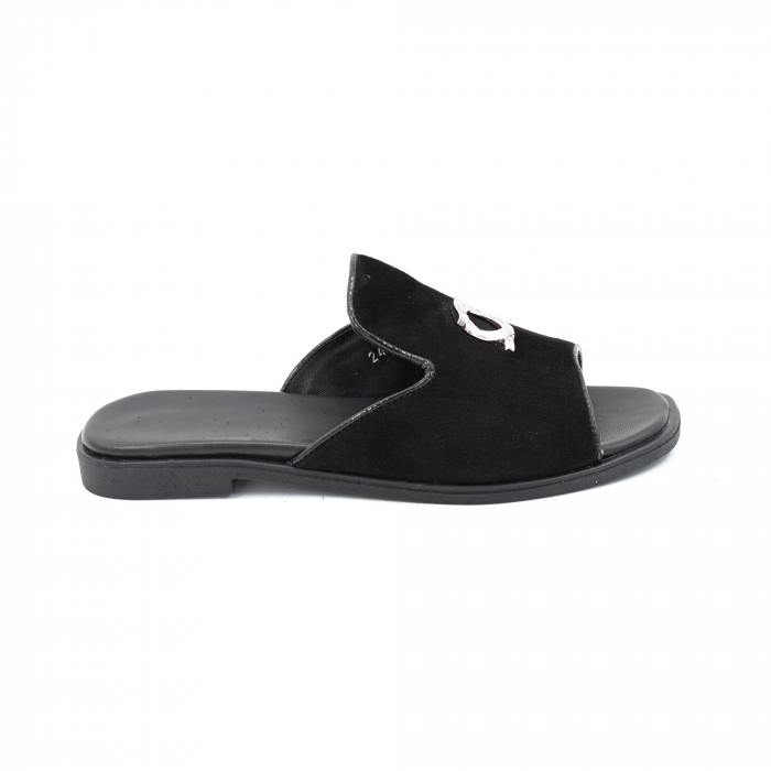 Papuci dama din piele naturala intoarsa neagra cu varf rotund si talpa 1 cm 11920-25 [4]