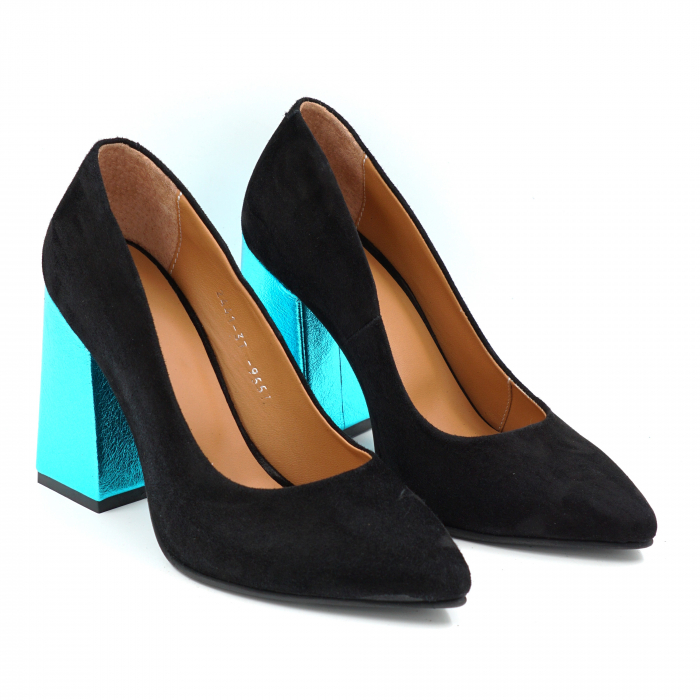 Pantofi dama din piele naturala intoarsa neagra cu varf ascutit stileto si toc inalt gros imbracat 9 cm 9557-1-25 [4]
