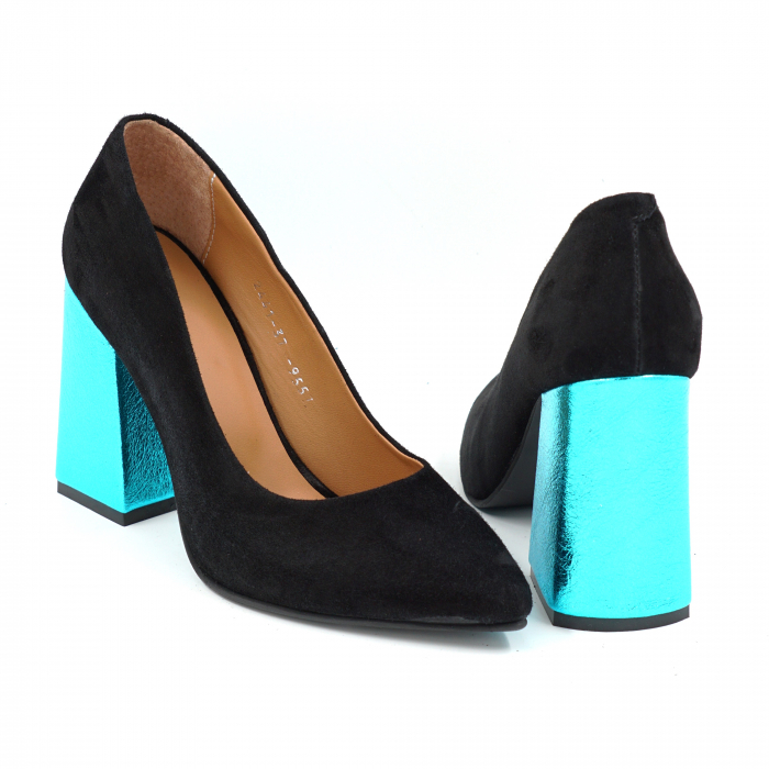 Pantofi dama din piele naturala intoarsa neagra cu varf ascutit stileto si toc inalt gros imbracat 9 cm 9557-1-25 [5]