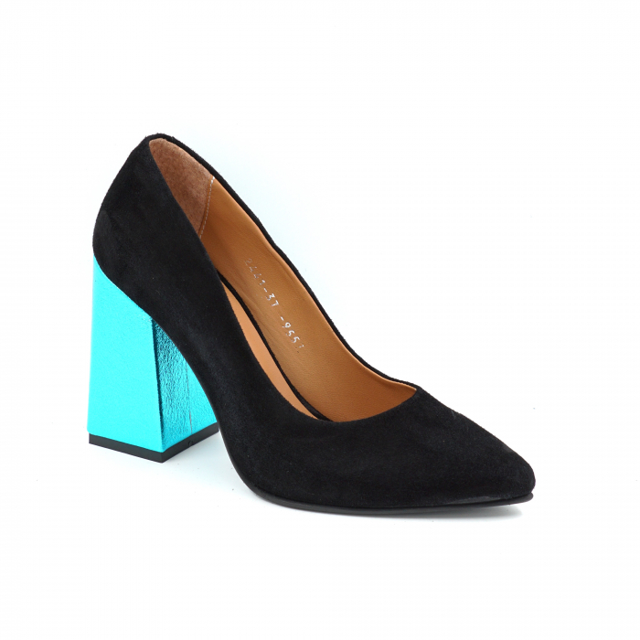 Pantofi dama din piele naturala intoarsa neagra cu varf ascutit stileto si toc inalt gros imbracat 9 cm 9557-1-25 [2]