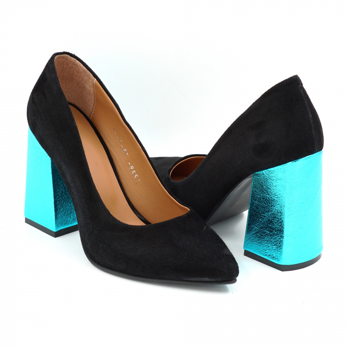 Pantofi dama din piele naturala intoarsa neagra cu varf ascutit stileto si toc inalt gros imbracat 9 cm 9557-1-25 [3]
