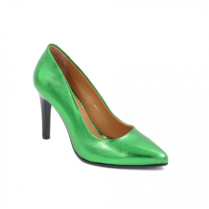 Pantofi dama din piele naturala verde metalizat cu varf ascutit stileto si toc inalt subtire 9 cm 9557-2-25 [2]