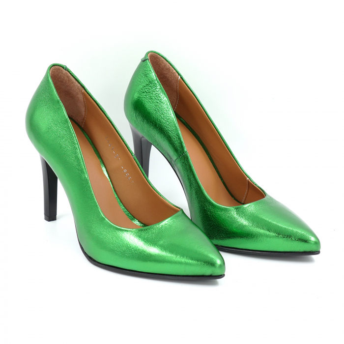 Pantofi dama din piele naturala verde metalizat cu varf ascutit stileto si toc inalt subtire 9 cm 9557-2-25 [4]