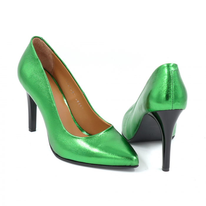 Pantofi dama din piele naturala verde metalizat cu varf ascutit stileto si toc inalt subtire 9 cm 9557-2-25 [5]