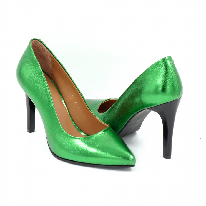 Pantofi dama din piele naturala verde metalizat cu varf ascutit stileto si toc inalt subtire 9 cm 9557-2-25 [3]