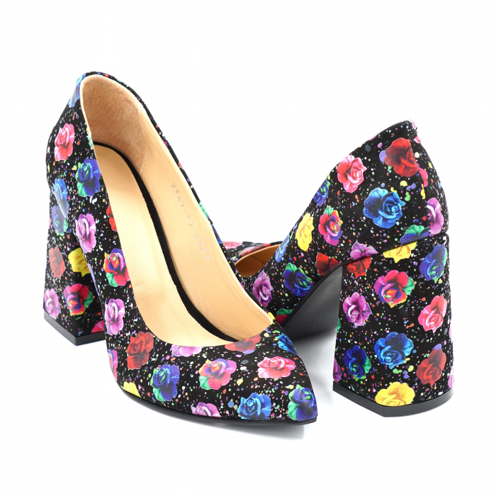 Pantofi dama din piele naturala cu imprimeu floral cu varf ascutit stileto si toc inalt gros imbracat 9 cm 9557-24 [4]