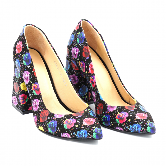 Pantofi dama din piele naturala cu imprimeu floral cu varf ascutit stileto si toc inalt gros imbracat 9 cm 9557-24 [3]
