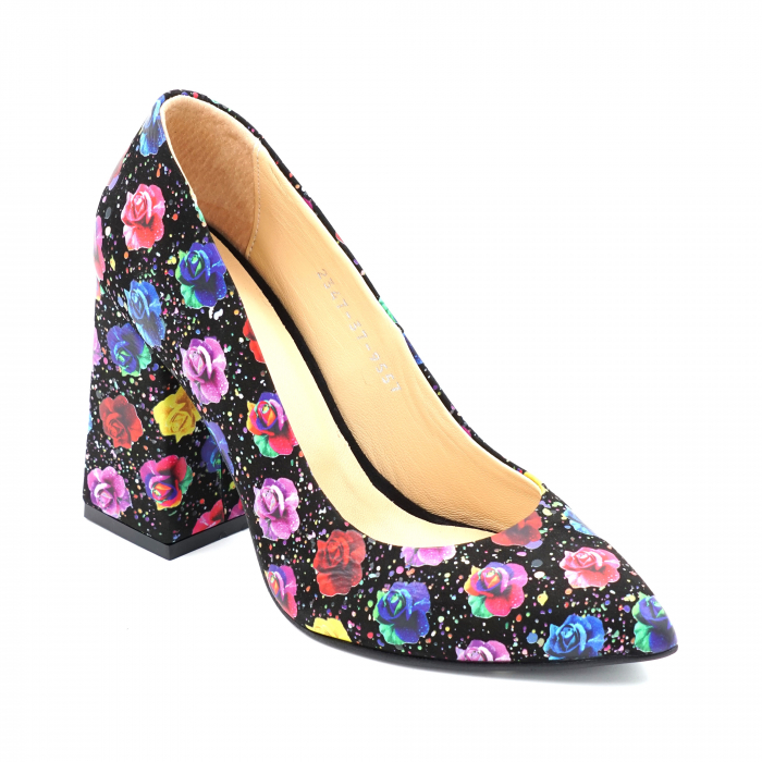 Pantofi dama din piele naturala cu imprimeu floral cu varf ascutit stileto si toc inalt gros imbracat 9 cm 9557-24 [2]