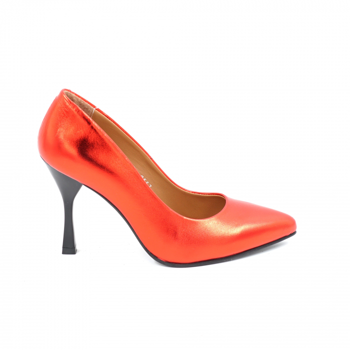 Pantofi dama din piele naturala rosie metalizata cu varf ascutit stileto si toc inalt subtire 9 cm 9557-25 [1]