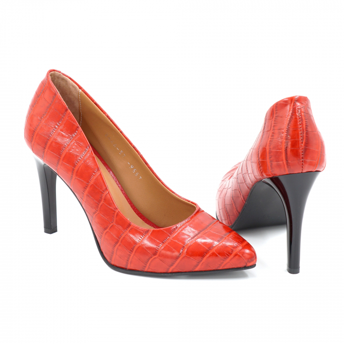 Pantofi dama din piele naturala  croco rosie cu varf ascutit stileto si toc inalt subtire 9 cm 9557-3-25 [5]