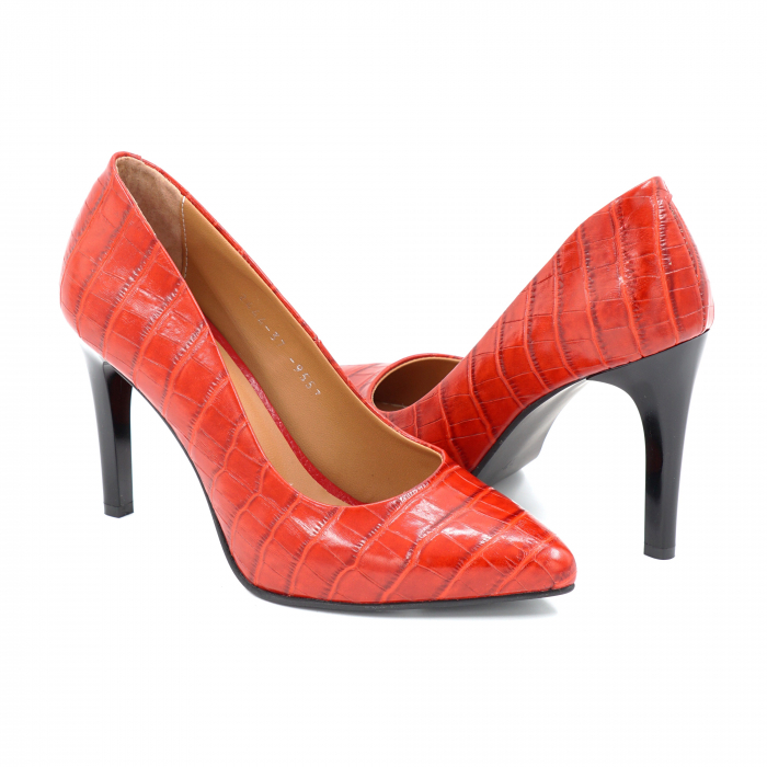 Pantofi dama din piele naturala  croco rosie cu varf ascutit stileto si toc inalt subtire 9 cm 9557-3-25 [3]