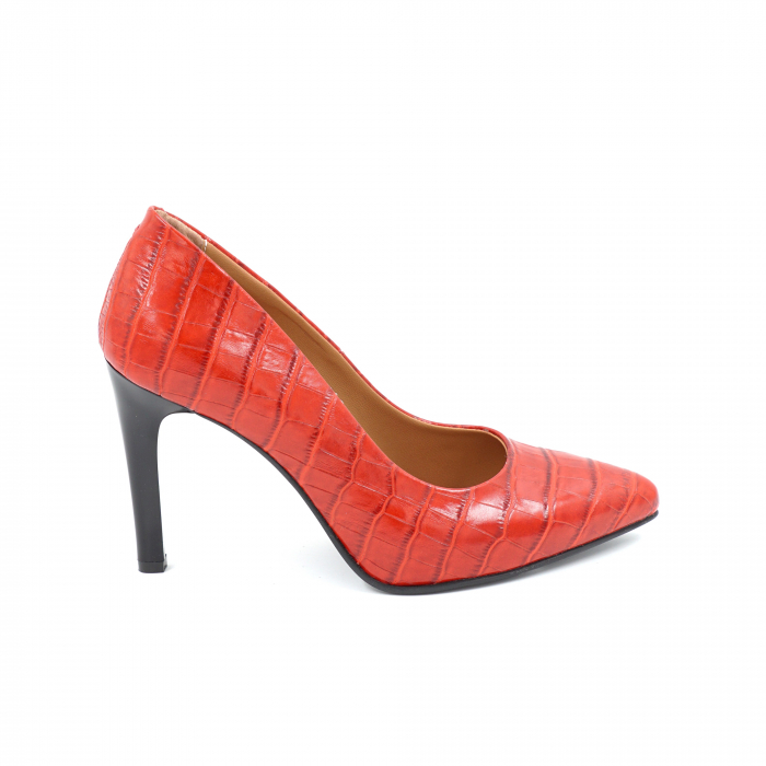 Pantofi dama din piele naturala  croco rosie cu varf ascutit stileto si toc inalt subtire 9 cm 9557-3-25 [1]