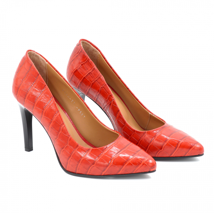 Pantofi dama din piele naturala  croco rosie cu varf ascutit stileto si toc inalt subtire 9 cm 9557-3-25 [4]