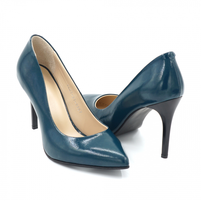 Pantofi dama din piele naturala lacuita verde smarald cu varf ascutit stileto si toc inalt subtire 9 cm 9557-4-24 [2]