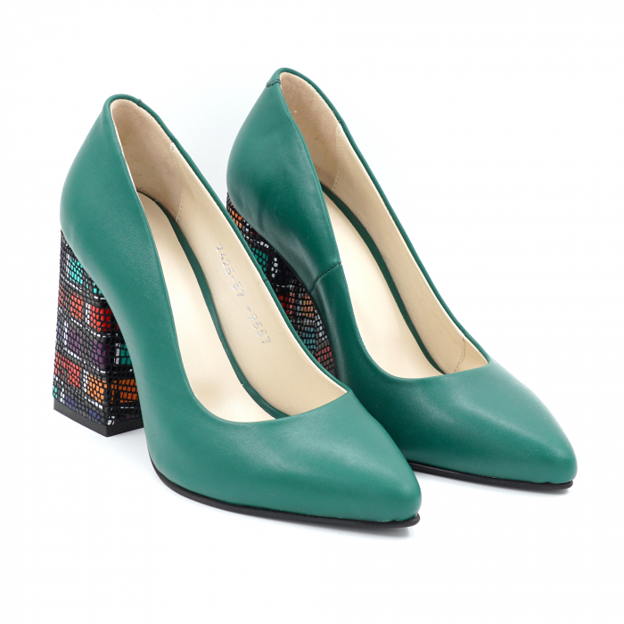 Pantofi dama din piele naturala verde menta si cu imprimeu multicolor cu varf ascutit stileto si toc inalt gros imbracat 9 cm 9557-5-24 [2]