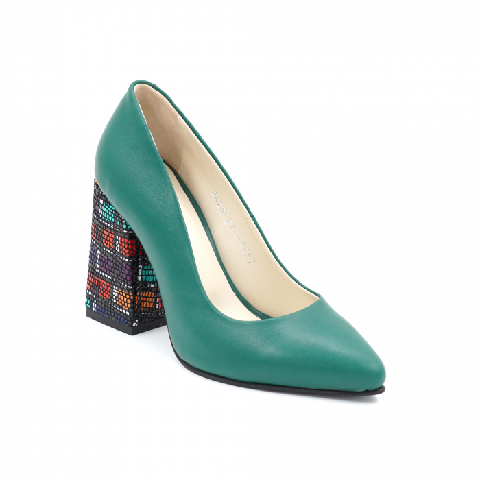 Pantofi dama din piele naturala verde menta si cu imprimeu multicolor cu varf ascutit stileto si toc inalt gros imbracat 9 cm 9557-5-24 [4]