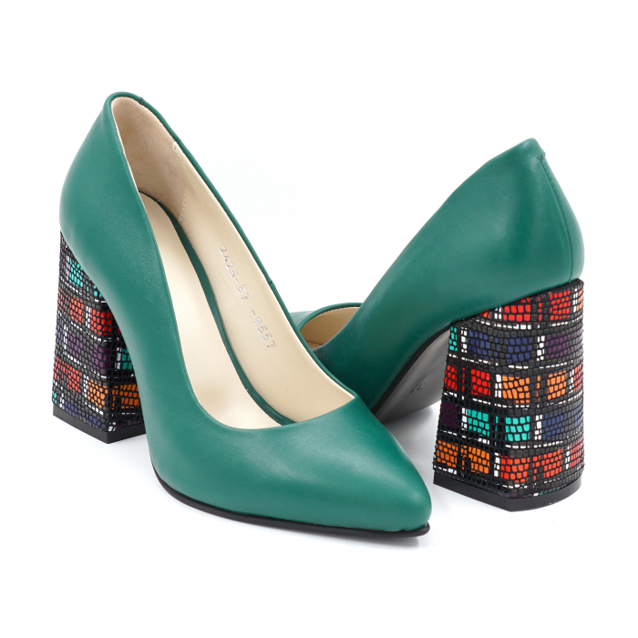 Pantofi dama din piele naturala verde menta si cu imprimeu multicolor cu varf ascutit stileto si toc inalt gros imbracat 9 cm 9557-5-24 [5]