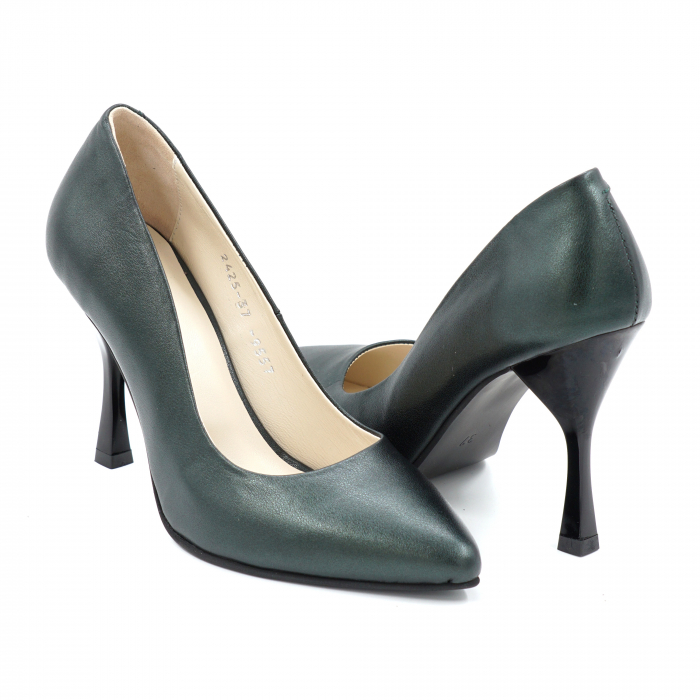 Pantofi dama din piele naturala verde smarald sidefat cu varf ascutit stileto si toc inalt subtire 9 cm 9557-6-24 [2]