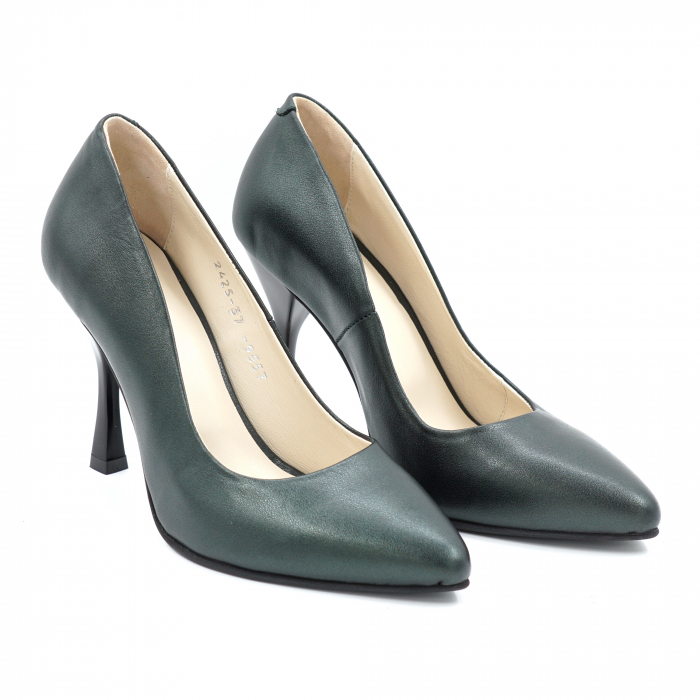 Pantofi dama din piele naturala verde smarald sidefat cu varf ascutit stileto si toc inalt subtire 9 cm 9557-6-24 [3]