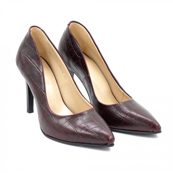 Pantofi dama din piele naturala croco visiniu burgund cu varf ascutit stileto si toc inalt subtire 9 cm 9557-7-24 [2]