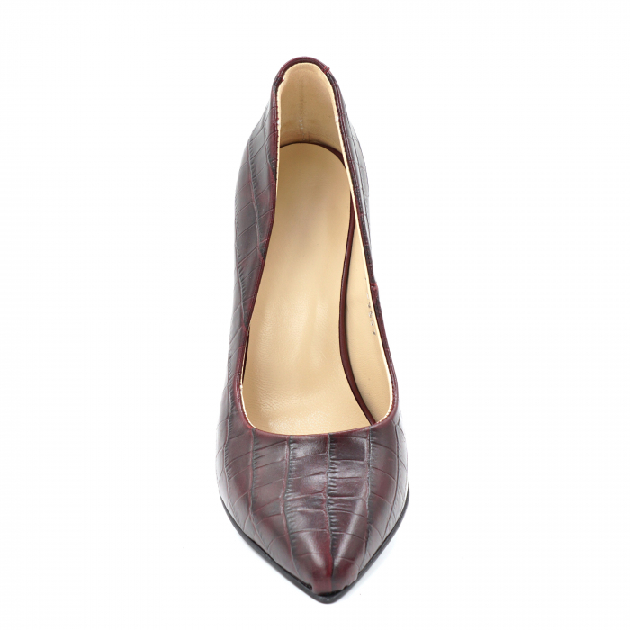 Pantofi dama din piele naturala croco visiniu burgund cu varf ascutit stileto si toc inalt subtire 9 cm 9557-7-24 [3]