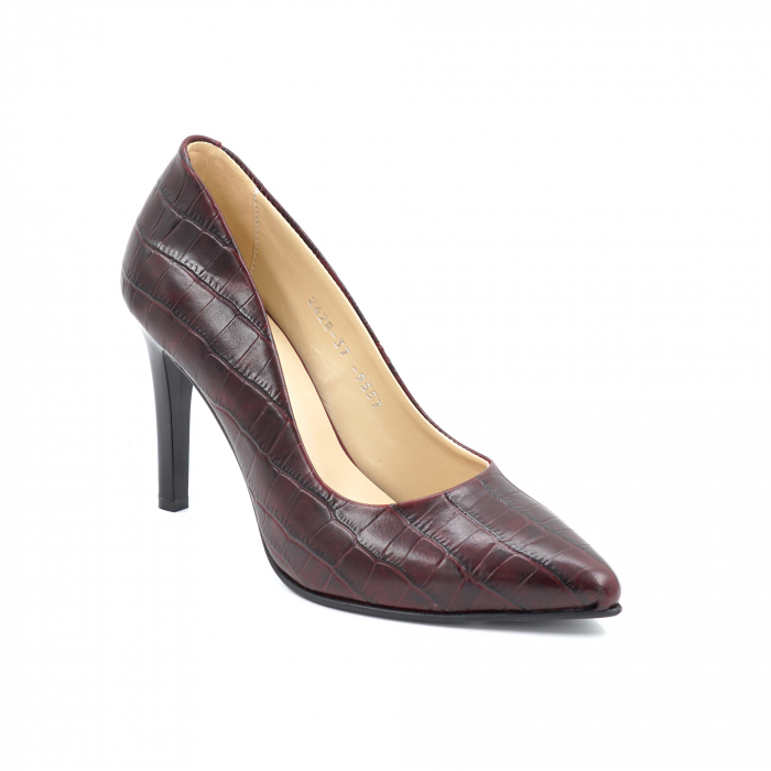 Pantofi dama din piele naturala croco visiniu burgund cu varf ascutit stileto si toc inalt subtire 9 cm 9557-7-24 [5]