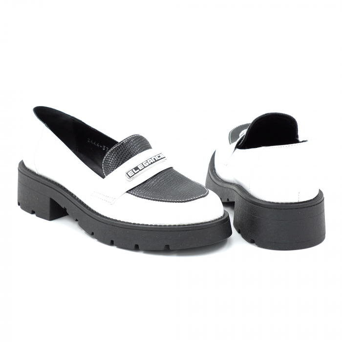 Pantofi dama casual loafers din piele naturala alba si neagra cu imprimeu cu varf rotund si talpa de 4 cm 52425-25 [5]