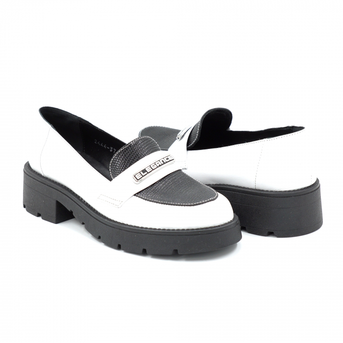 Pantofi dama casual loafers din piele naturala alba si neagra cu imprimeu cu varf rotund si talpa de 4 cm 52425-25 [4]