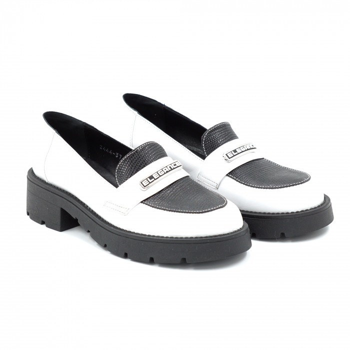 Pantofi dama casual loafers din piele naturala alba si neagra cu imprimeu cu varf rotund si talpa de 4 cm 52425-25 [3]