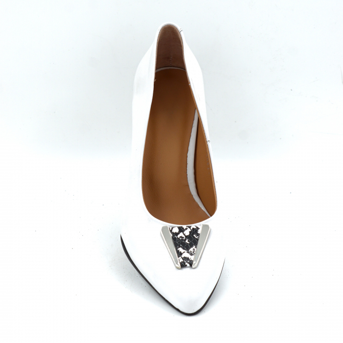 Pantofi dama din piele naturala alba si cu imprimeu sarpe alb cu negru cu varf ascutit stiletto si toc mic gros de 6 cm 50824-25 [6]