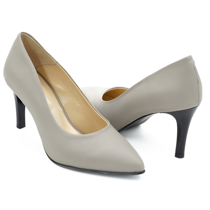 Pantofi dama din piele naturala gri deschis, cu varf ascutit stiletto si toc mediu subtire 7 cm 0161-26 [4]