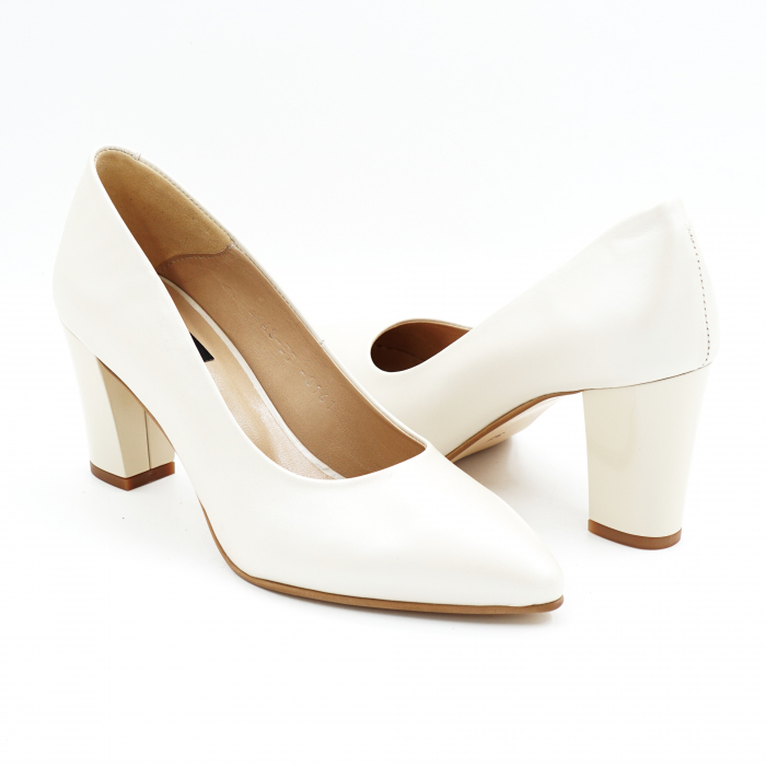 Pantofi dama din piele naturala alba varf ascutit si toc mediu gros 7 cm 0161-1-25 [4]
