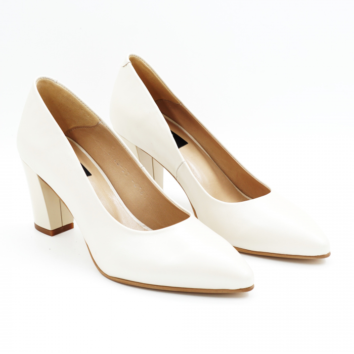 Pantofi dama din piele naturala alba varf ascutit si toc mediu gros 7 cm 0161-1-25 [3]