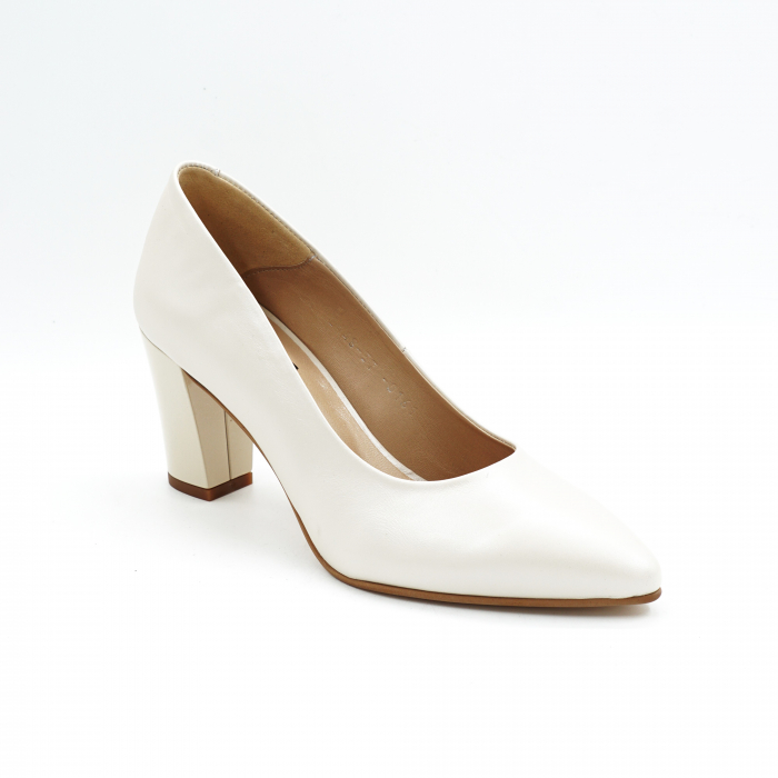 Pantofi dama din piele naturala alba varf ascutit si toc mediu gros 7 cm 0161-1-25 [2]