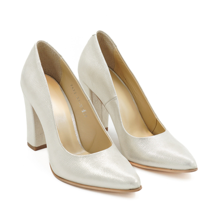 Pantofi dama din piele naturala roz pudra sidefat, cu varf ascutit stiletto si toc inalt gros imbracat de 9 cm 1159-1-26 [3]