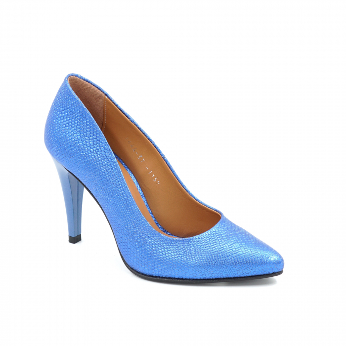 Pantofi dama din piele naturala cu imprimeu albastru metalizat cu  varf ascutit stiletto si  toc inalt subtire  9 cm 1159-25 [2]