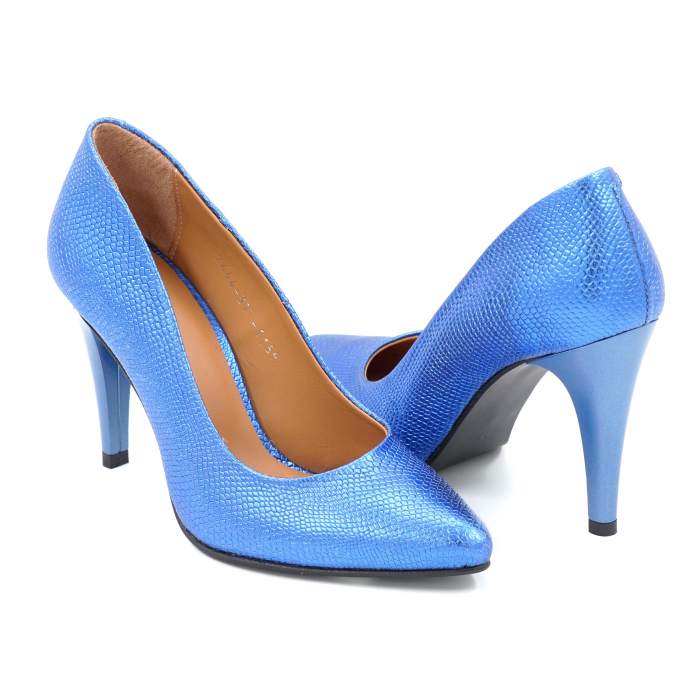 Pantofi dama din piele naturala cu imprimeu albastru metalizat cu  varf ascutit stiletto si  toc inalt subtire  9 cm 1159-25 [4]