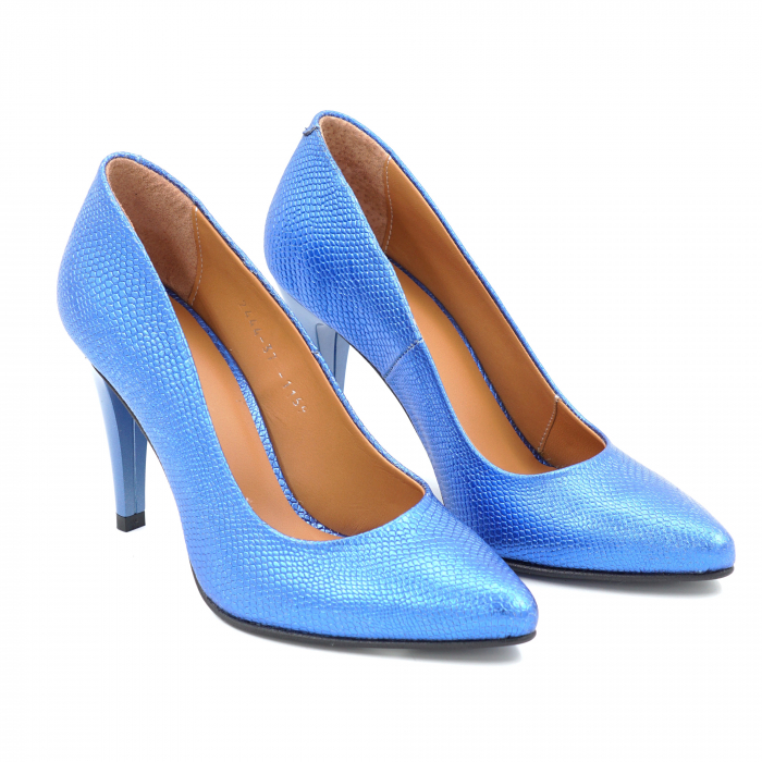 Pantofi dama din piele naturala cu imprimeu albastru metalizat cu  varf ascutit stiletto si  toc inalt subtire  9 cm 1159-25 [3]