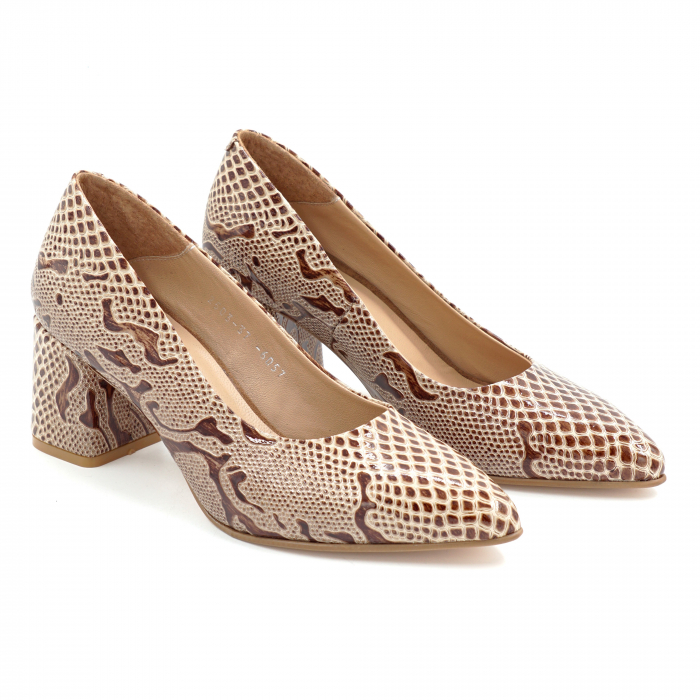 Pantofi dama din piele naturala cu imprimeu lacuit maro cu varf ascutit stiletto si toc mic gros imbracat 6 cm 6057-6-25 [3]